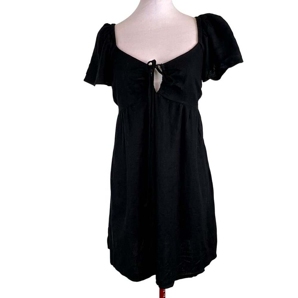 Old Navy Womans S Black Baby Doll Peasant Boho Smocked Back Mini Dress Pockets